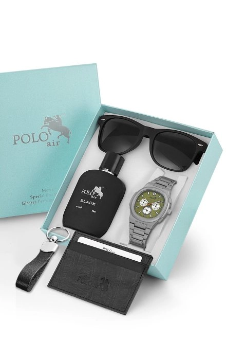 Erkek Kol Saati Gözlük Parfüm Kartlık Anahtarlık Kombin Set Gümüş Yeşil Renk Pl-0926E5 Gümüş-Yeşil Pl-0926E5
