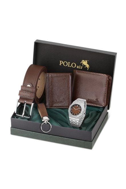 Erkek Kol Saati Kemer Cüzdan Kartlık Anahtarlık Kombin Set Gümüş-Kahverengi Pl-0904E4 Gümüş-Kahverengi Pl-0904E4