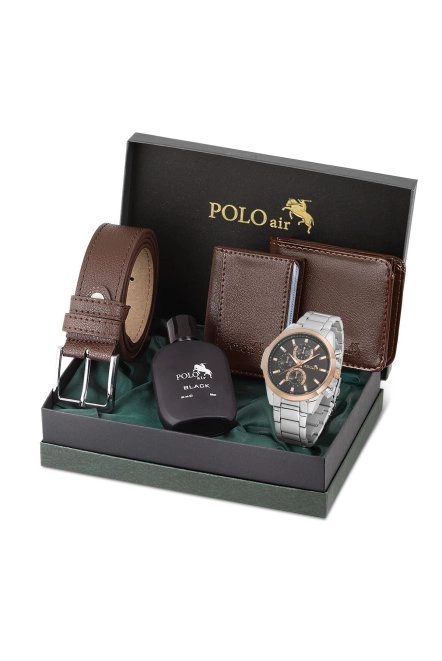 Erkek Kol Saati Klasik Model Cüzdan Kemer Kartlık Parfüm Kombin Kahverengi Set Pl-0844E3 Gümüş-Bakır Pl-0844E3