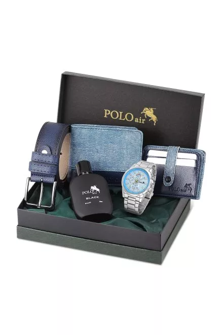Erkek Kol Saati Parfüm Cüzdan Kemer Kartlık Kombin Set Pl-0831E2 Gümüş-Mavi Pl-0831E2