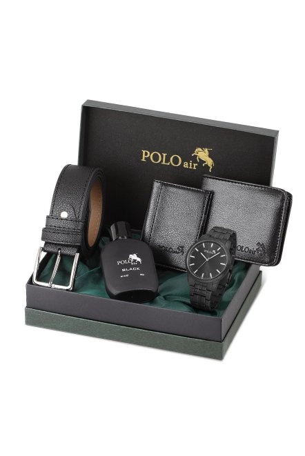 Erkek Kol Saati Parfüm Cüzdan Kemer Kartlık Kombin Set Siyah Renk Pl-0918E1 Siyah Pl-0918E1