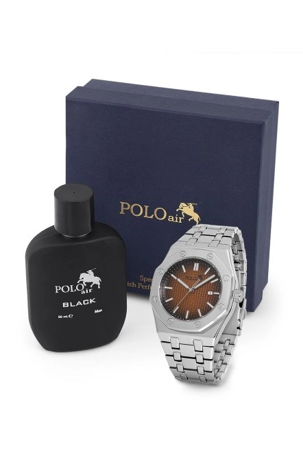 Erkek Kol Saati Ve Parfüm Seti Hediyelik Kutusunda Kombin Gümüş Kahverengi Renk Pl-0907E4 Gümüş-Kahverengi Pl-0907E4
