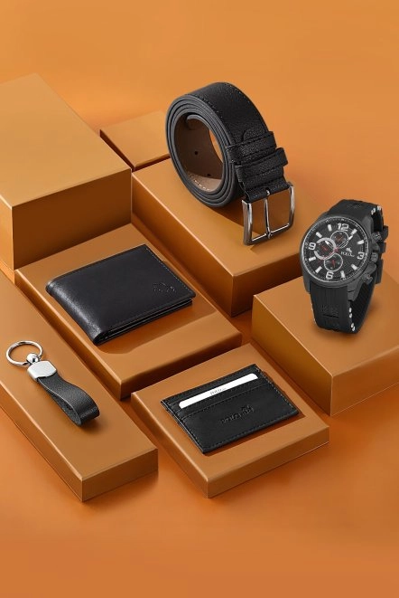 Erkek Silikon Kordon Kol Saati Cüzdan Kemer Kartlık Anahtarlık Kombin Siyah Set Pl-0863E1 Siyah Pl-0863E1