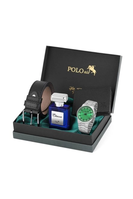 Klasik Metal Kordon Erkek Kol Saati Cüzdan Kemer Parfüm Kombin Gümüş Yeşil Renk Pl-0915E3 Gümüş-Yeşil Pl-0915E3