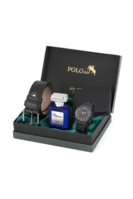 Klasik Metal Kordon Erkek Kol Saati Cüzdan Kemer Parfüm Kombin Siyah Set Pl-0939E1 Siyah Pl-0939E1