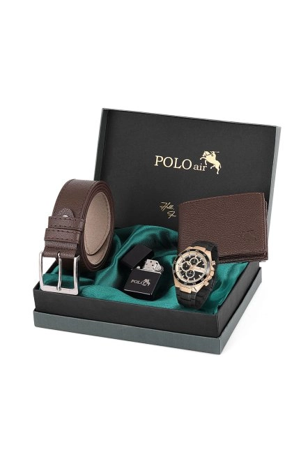 Logolu Klasik Erkek Cüzdan Kemer Kol Saati Çakmak Seti Kahverengi Kombin Pl-0878E4 Kahverengi Pl-0878E4