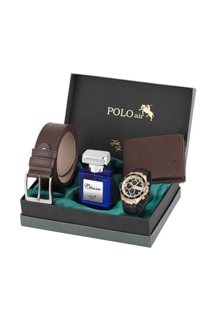 Logolu Klasik Erkek Cüzdan Kemer Kol Saati Parfüm Seti Kahverengi Kombin Pl-0879E4 Kahverengi Pl-0879E4
