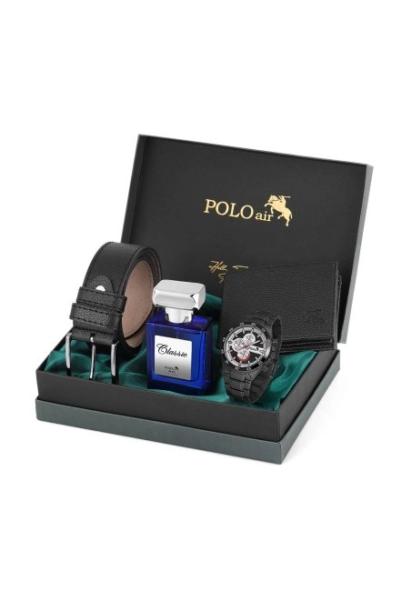 Logolu Klasik Erkek Cüzdan Kemer Kol Saati Parfüm Seti Siyah Kombin Pl-0879E1 Siyah Pl-0879E1