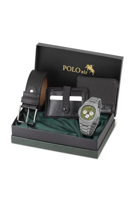 Metal Kordon Erkek Kol Saati Cüzdan Kemer Kartlık Kombin Set Gümüş Yeşil Renk Pl-0925E5 Gümüş-Yeşil Pl-0925E5