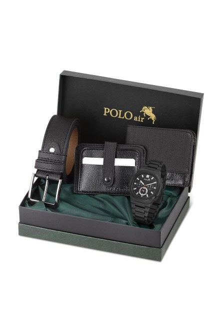 Metal Kordon Erkek Kol Saati Cüzdan Kemer Kartlık Kombin Set Siyah Renk Pl-0925E1 Siyah Pl-0925E1