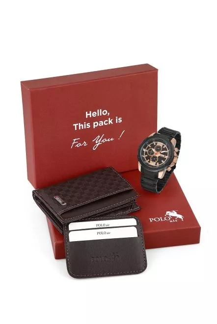 Spor Erkek Kol Saati Cüzdan Kartlık Özel Kutusunda Hediyelik Set Kahverengi Kahverengi Pl-0659E2