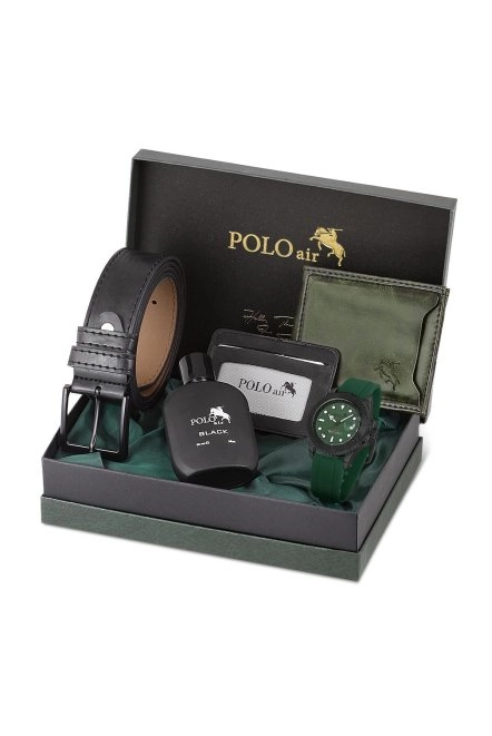 Takvimli Erkek Kol Saati Cüzdan Kemer Kartlık Parfüm Kombin Yeşil Siyah Renk Pl-0941E4 Yeşil-Siyah Pl-0941E4