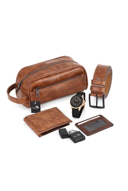 Takvimli Erkek Kol Saati El Çantası Cüzdan Kemer Kartlık Çakmak Set Siyah Bakır Renk Pl-0942E3 Siyah-Bakır Pl-0942E3