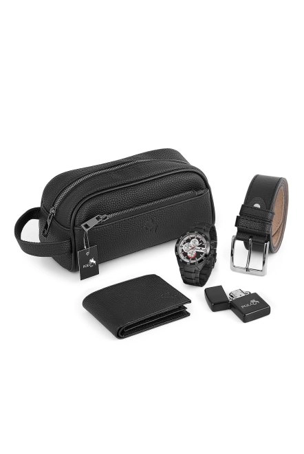 Erkek Kol Saati El Çantası Cüzdan Kemer Çakmak Set Siyah Kombin Pl-0876E1 Siyah Pl-0876E1