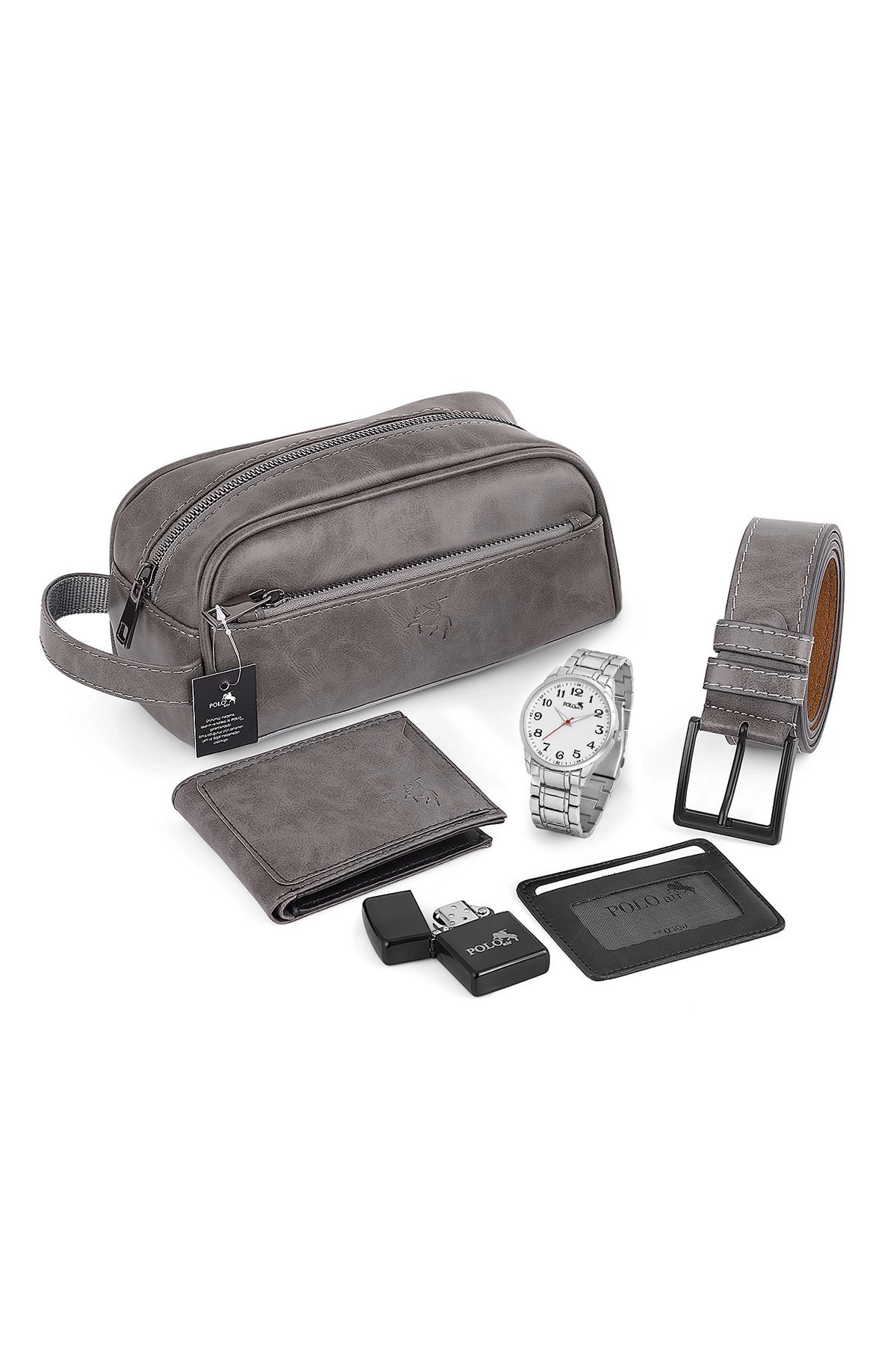Metal Kordon Erkek Kol Saati El Çantası Cüzdan Kemer Kartlık Çakmak Set Gümüş Renk Pl-0938E5 Gümüş Pl-0938E5