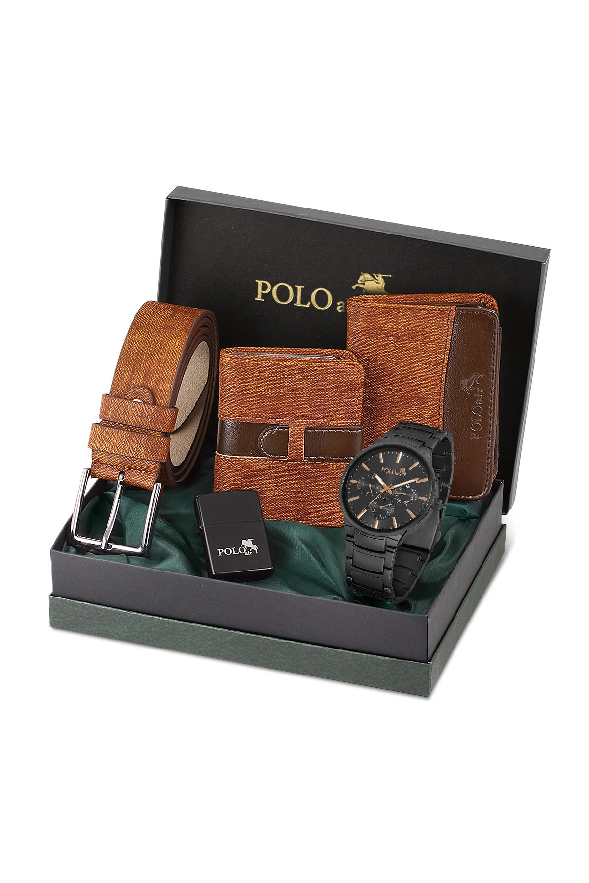 Erkek Set Kombin Kemer Cüzdan Kartlık Çakmak Kol Saati Hediyelik Kutusunda Taba Set Pl-0966E3 Taba-Siyah Pl-0966E3