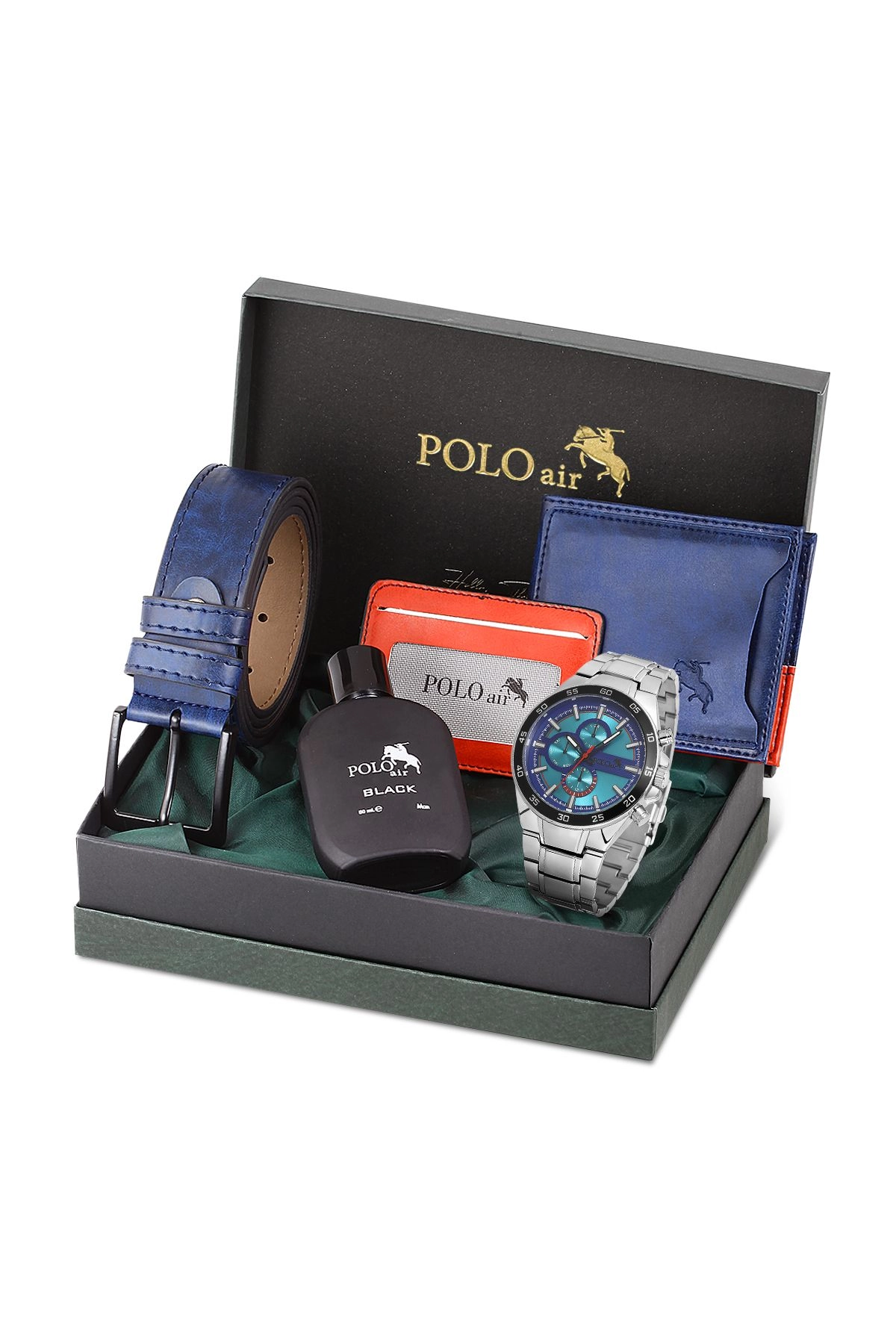 Erkek Set Kombin Kemer Cüzdan Kartlık Parfüm Kol Saati Hediyelik Kutusunda Lacivert Set Pl-0961E2 Gümüş-Lacivert Pl-0961E2