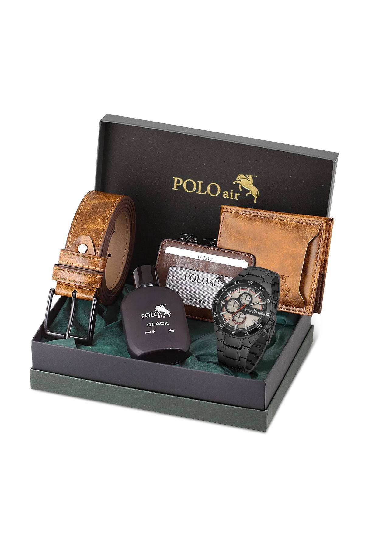 Erkek Set Kombin Kemer Cüzdan Kartlık Parfüm Kol Saati Hediyelik Kutusunda Taba Set Pl-0961E1 Siyah Pl-0961E1