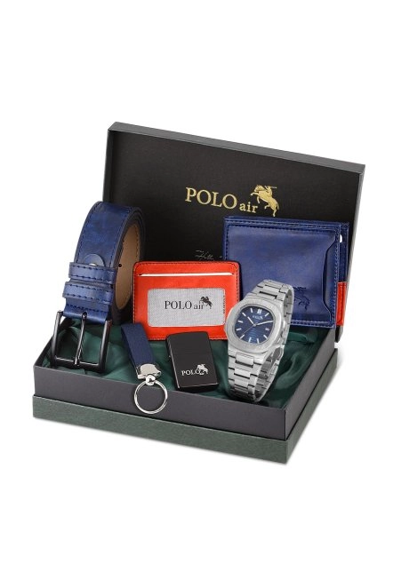 Erkek Kemer Cüzdan Kartlık Anahtarlık Çakmak Kol Saati Hediyelik Kutusunda Lacivert Set Pl-0960E2 Lacivert-Gümüş Pl-0960E2
