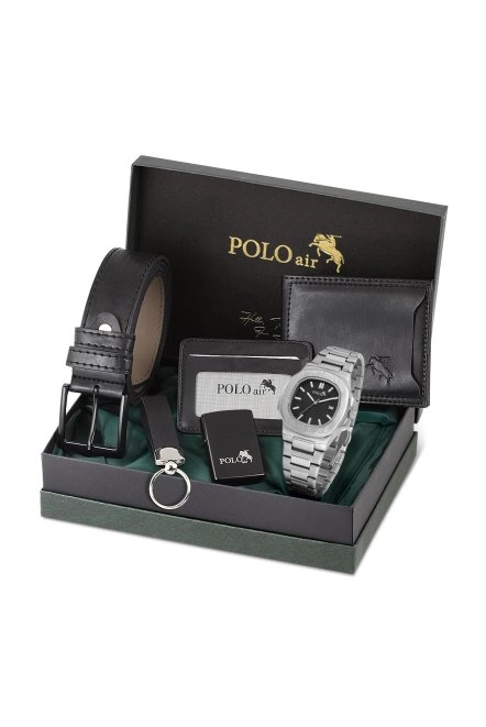 Erkek Kemer Cüzdan Kartlık Anahtarlık Çakmak Kol Saati Hediyelik Kutusunda Siyah Set Pl-0960E1 Siyah-Gümüş Pl-0960E1