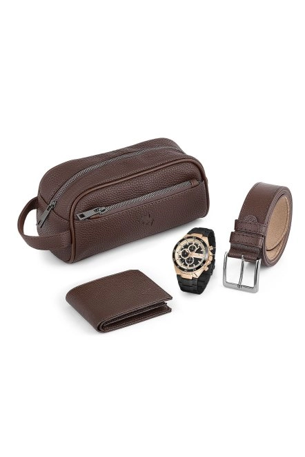Erkek Kol Saati El Çantası Cüzdan Kemer Set Siyah Kombin Pl-0875E4 Kahverengi Kahverengi Pl-0875E4