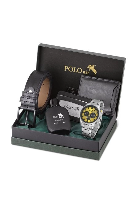 Erkek Kombin Kemer Cüzdan Kartlık Parfüm Kol Saati Hediyelik Kutusunda Siyah Set Pl-0975E4 Sarı-Gümüş Pl-0975E4