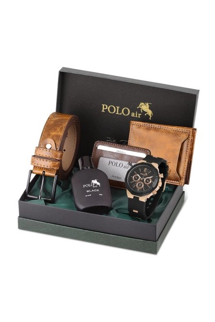 Erkek Kombin Kemer Cüzdan Kartlık Parfüm Kol Saati Hediyelik Kutusunda Siyah Taba Set Pl-0973E5 Siyah-Bakır Pl-0973E5