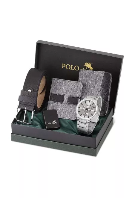 Erkek Set Kombin Kemer Cüzdan Kartlık Çakmak Kol Saati Hediyelik Kutusunda Gri Set Pl-0966E4 Gri Pl-0966E4