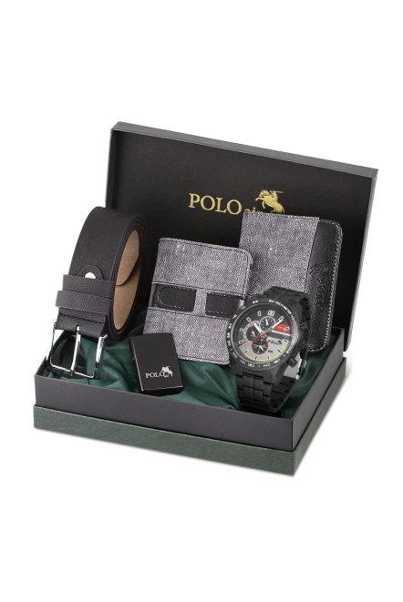 Erkek Set Kombin Kemer Cüzdan Kartlık Çakmak Kol Saati Hediyelik Kutusunda Gri Set Pl-0972E1 Gri-Siyah Pl-0972E1
