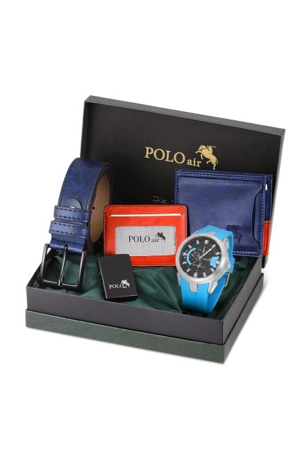 Erkek Set Kombin Kemer Cüzdan Kartlık Çakmak Kol Saati Hediyelik Kutusunda Lacivert Set Pl-0974E2 Lacivert Pl-0974E2