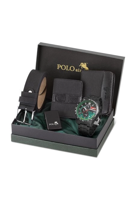 Erkek Set Kombin Kemer Cüzdan Kartlık Çakmak Kol Saati Hediyelik Kutusunda Siyah Set Pl-0972E3 Siyah-Yeşil Pl-0972E3