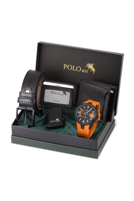 Erkek Set Kombin Kemer Cüzdan Kartlık Çakmak Kol Saati Hediyelik Kutusunda Siyah Set Pl-0974E7 Turuncu-Siyah Pl-0974E7