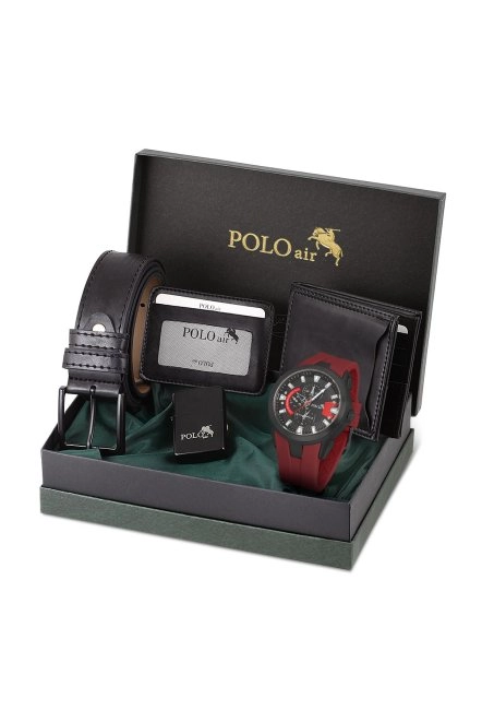 Erkek Set Kombin Kemer Cüzdan Kartlık Çakmak Kol Saati Hediyelik Kutusunda Siyah Set Pl-0974E7 Bordo-Siyah Pl-0974E8