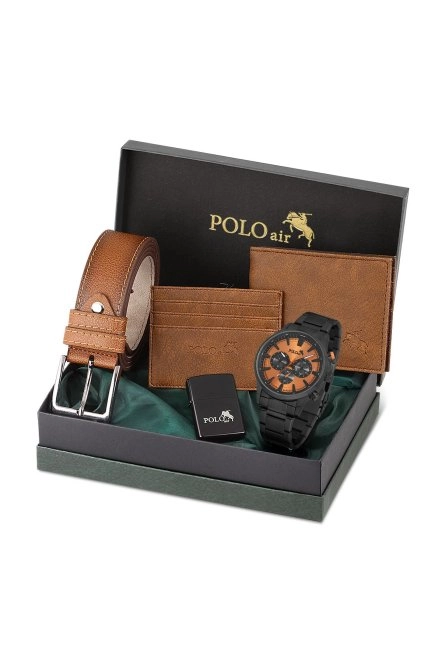 Erkek Set Kombin Kemer Cüzdan Kartlık Çakmak Kol Saati Hediyelik Kutusunda Taba Set Pl-0976E5 Siyah-Turuncu Pl-0976E5