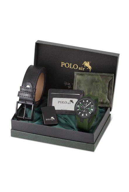 Erkek Set Kombin Kemer Cüzdan Kartlık Çakmak Kol Saati Hediyelik Kutusunda Yeşil Set Pl-0974E3 Yeşil Pl-0974E3