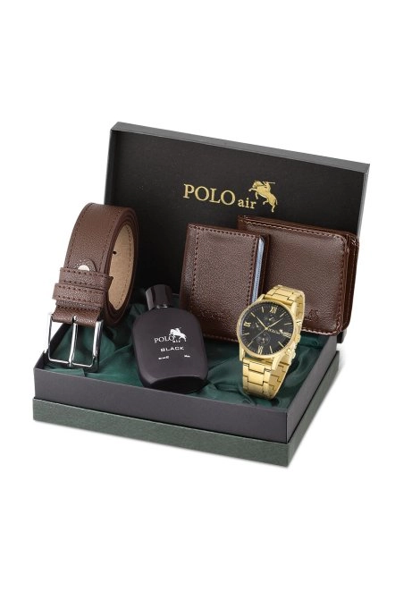 Erkek Set Kombin Kemer Cüzdan Kartlık Parfüm Kol Saati Hediyelik Kutusunda Kahverengi Set Pl-0963E6 Gold-Siyah Pl-0963E6