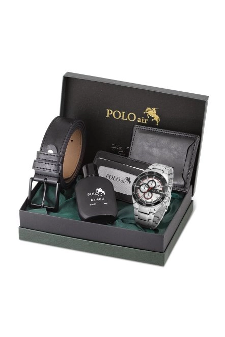 Erkek Set Kombin Kemer Cüzdan Kartlık Parfüm Kol Saati Hediyelik Kutusunda Siyah Set Pl-0961E4 Gümüş-Siyah Pl-0961E4