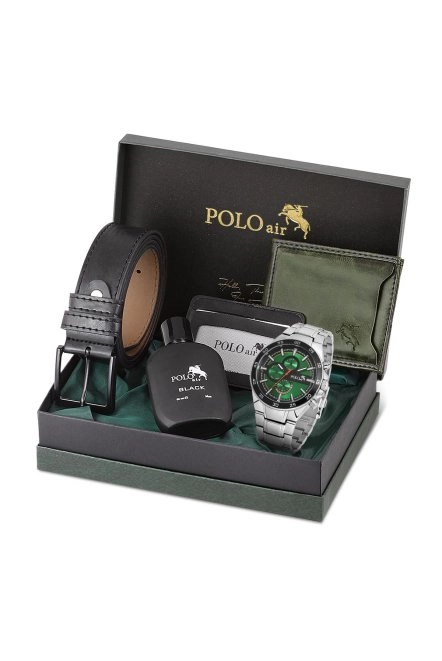 Erkek Set Kombin Kemer Cüzdan Kartlık Parfüm Kol Saati Hediyelik Kutusunda Yeşil Set Pl-0961E3 Gümüş-Yeşil Pl-0961E3