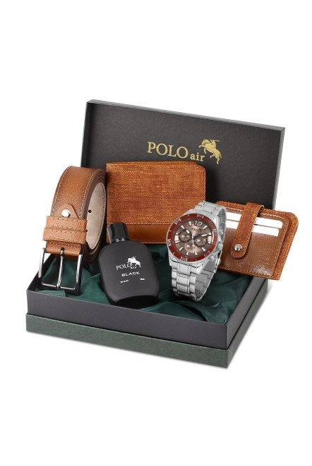 Hediyelik Kutusunda Erkek Set Kombin Kemer Cüzdan Kartlık Parfüm Kol Saati Taba Set Pl-0971E4 Taba-Gümüş Pl-0971E4