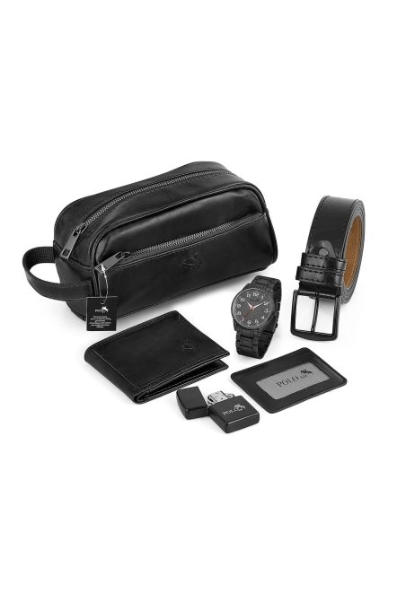 Klasik Metal Kordon Erkek Kol Saati El Çantası Cüzdan Kemer Kartlık Çakmak Set Siyah Renk Pl-0938E1 Siyah Pl-0938E1