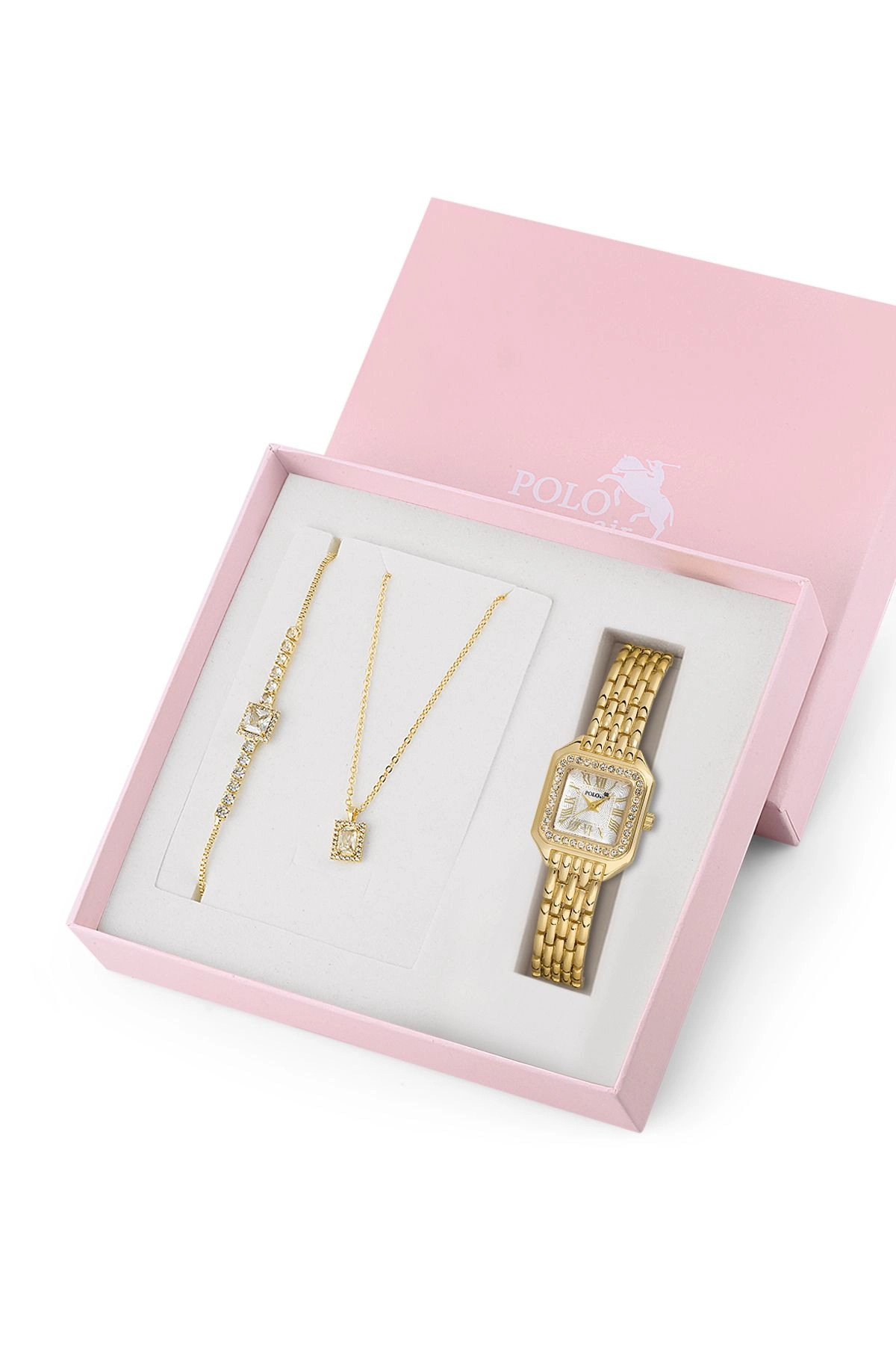 Vintage Kadın Kol Saati Zirkon Taşlı Baget Kolye Bileklik Özel Kombin Set Gold  St-2117S1 Gold St-2117S1