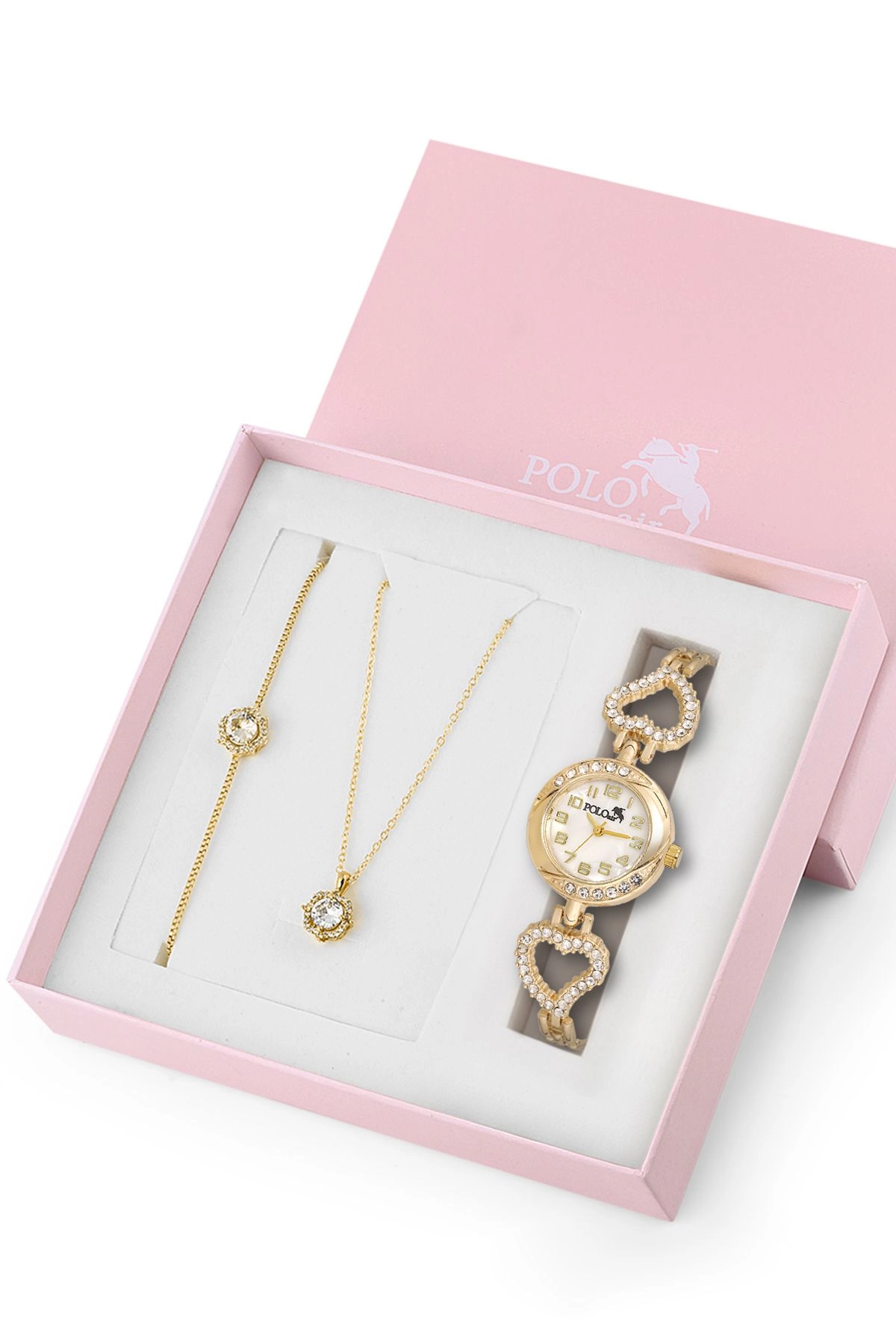 Kalp Kordon Kadın Kol Saati Zirkon Taşlı Kolye Ve Bileklik Özel Kombin Set Gold Renk St-2151S1 Gold St-2151S1