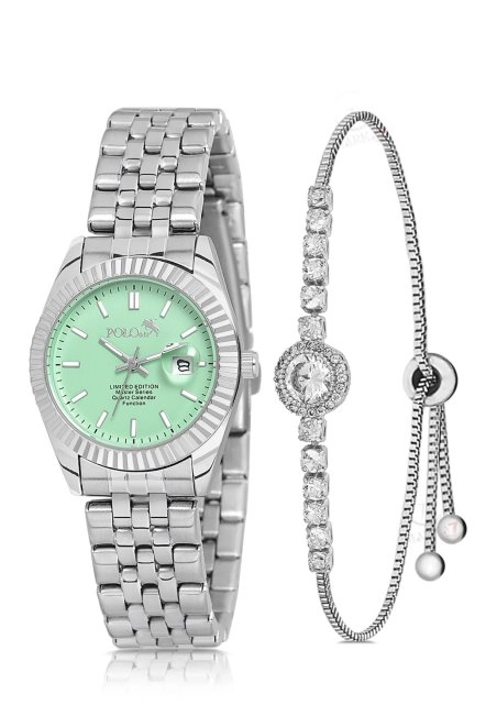 Mercan Takvimli Kadın Kol Saati Zirkon Taşlı Yuvarlak Bileklik Kombin Gümüş Yeşil Renk Pl-1519B4 Gümüş-Yeşil Pl-1519B4