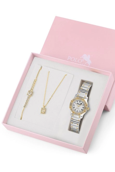 Romen Rakamlı Kadın Kol Saati Zirkon Taşlı Kolye Bileklik Özel Kombin Set Gold Gümüş Renk St-2152S4 Gold-Gümüş St-2152S4