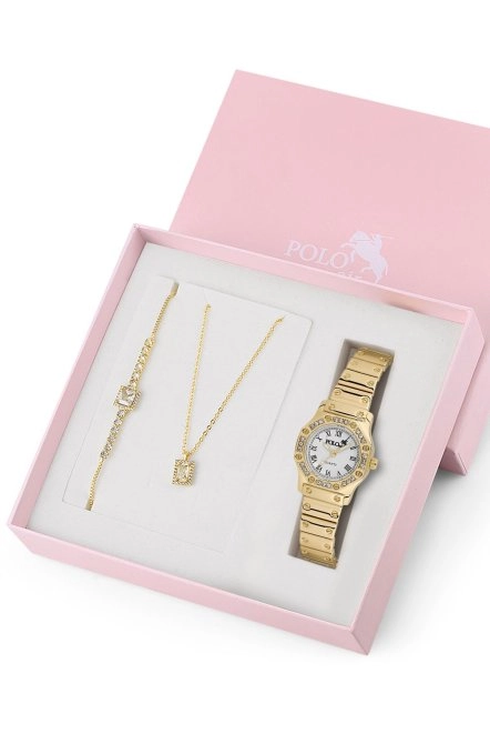 Romen Rakamlı Kadın Kol Saati Zirkon Taşlı Kolye Ve Bileklik Özel Kombin Set Gold Renk St-2152S1 Gold St-2152S1