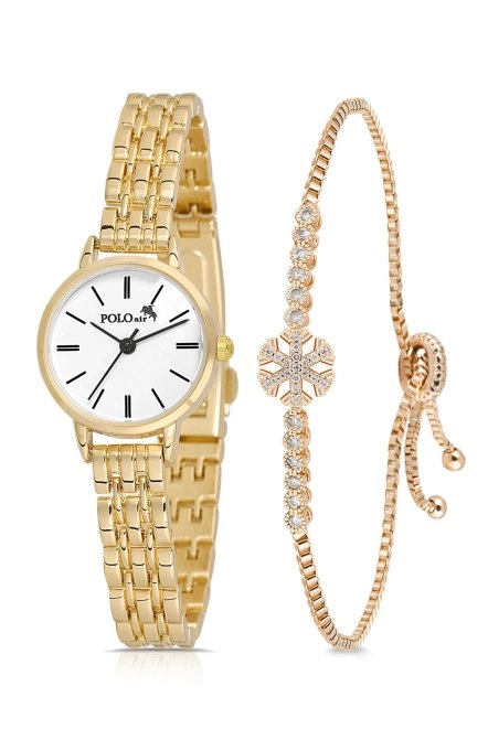 Yuvarlak Kasa Kadın Kol Saati Zirkon Taşlı Kartanesi Asansörlü Bileklik Kombin Gold Renk Pl-1523B1 Gold Pl-1523B1