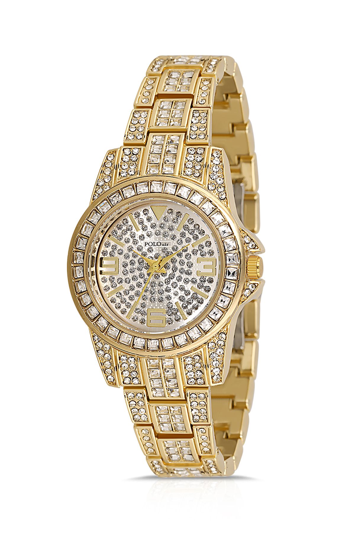 Çift Klips Lüx Taşlı Kadın Kol Saati Zirkon Taşlı Baget Bileklik Kombin Gold Renk Pl-1551B1 Gold Pl-1551B1