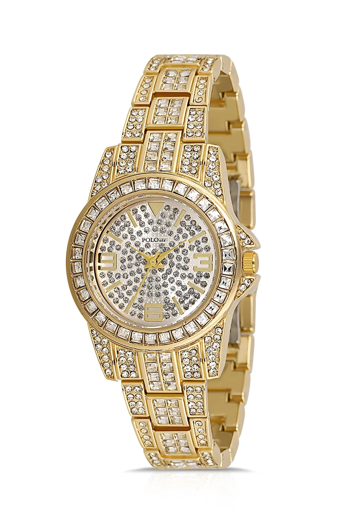 Çift Klips Lüx Taşlı Kadın Kol Saati Zirkon Taşlı Baget Bileklik Kombin Gold Renk Pl-1551B1 Gold Pl-1551B1