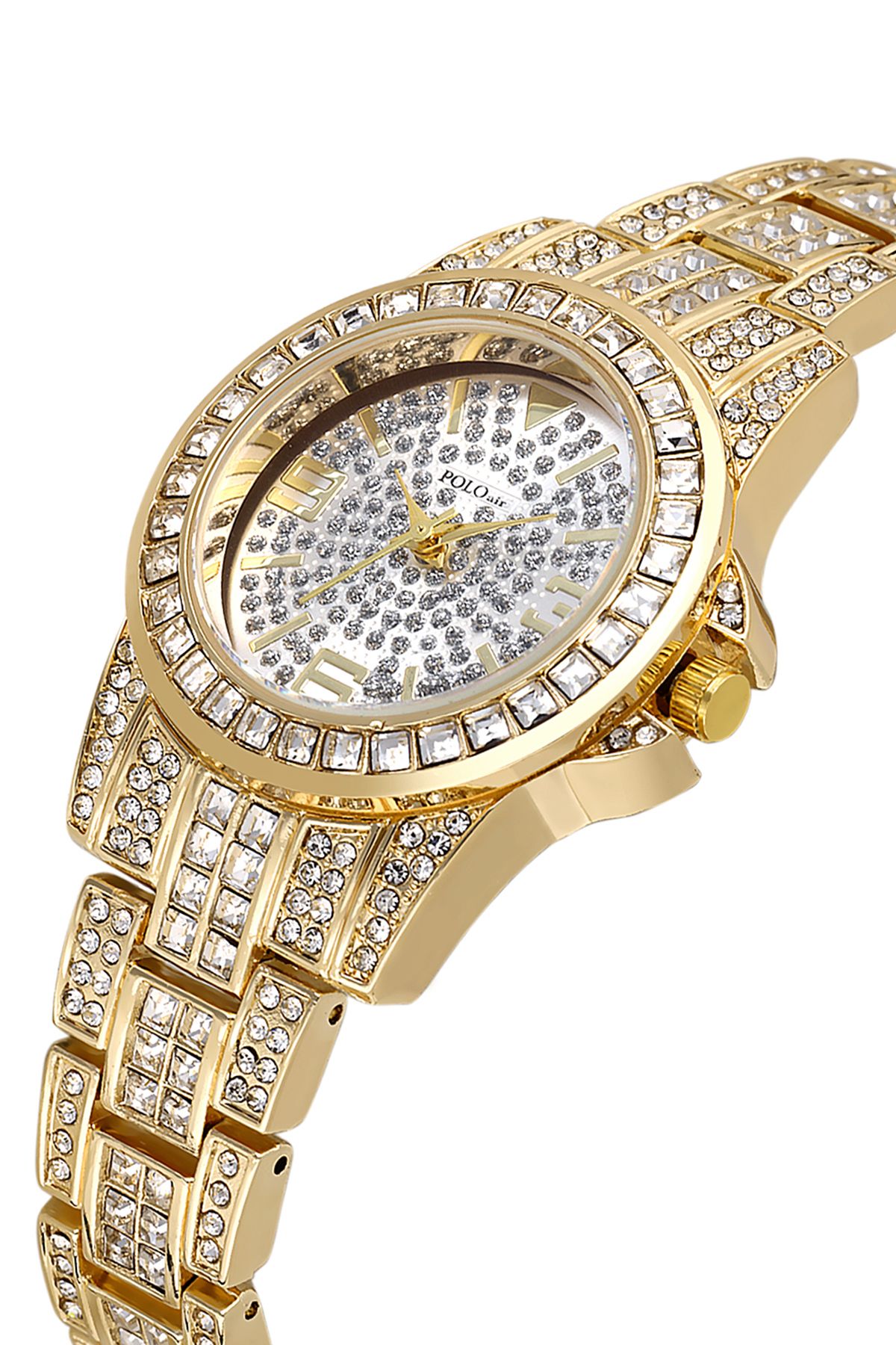 Çift Klips Lüx Taşlı Kadın Kol Saati Zirkon Taşlı Baget Bileklik Kombin Gold Renk Pl-1551B1 Gold Pl-1551B1