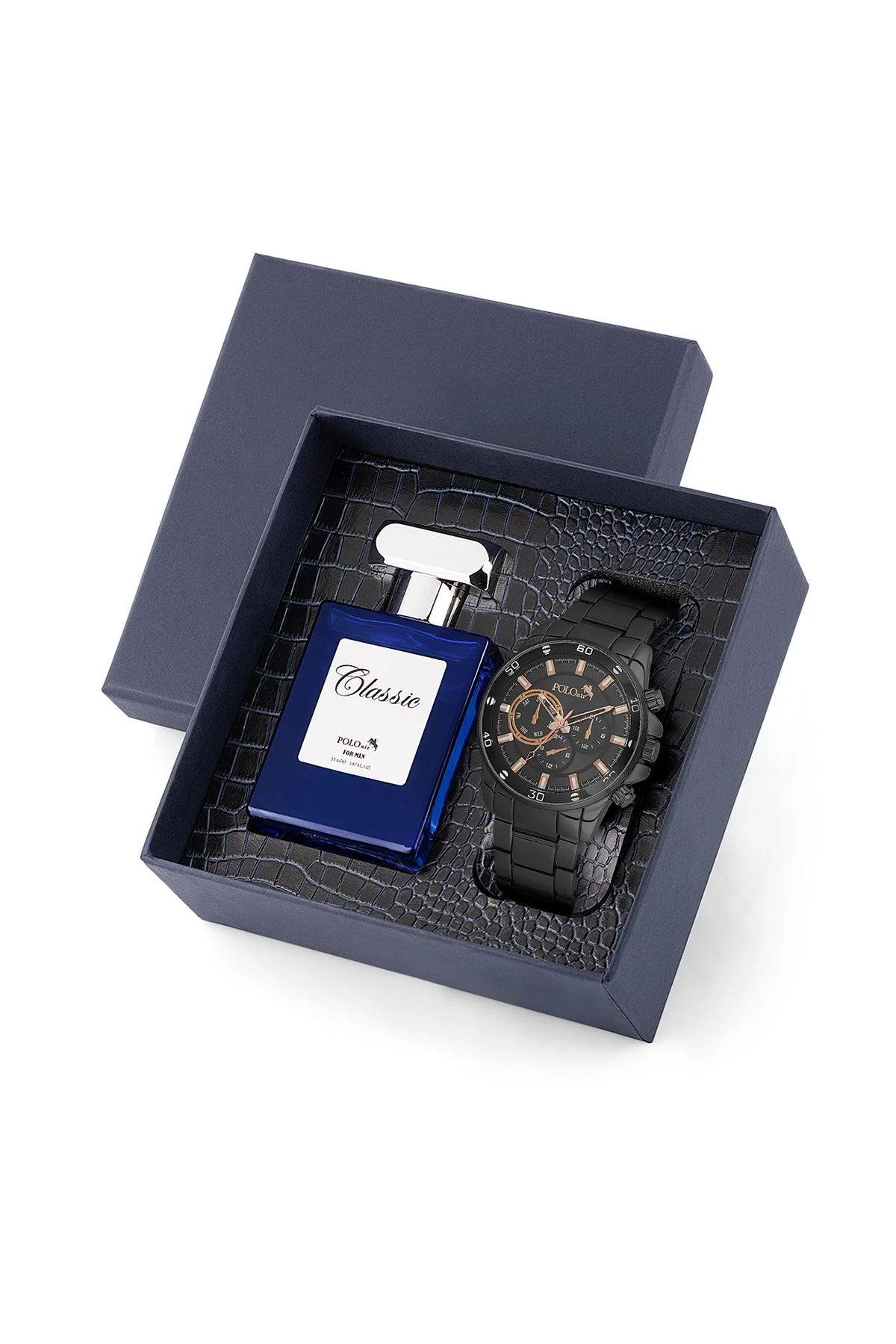 Erkek Kol Saati 55Ml Parfüm Hediyelik Kutusunda Kombin Siyah Bakır Renk Pl-7016E6 Siyah-Bakır Pl-7016E6